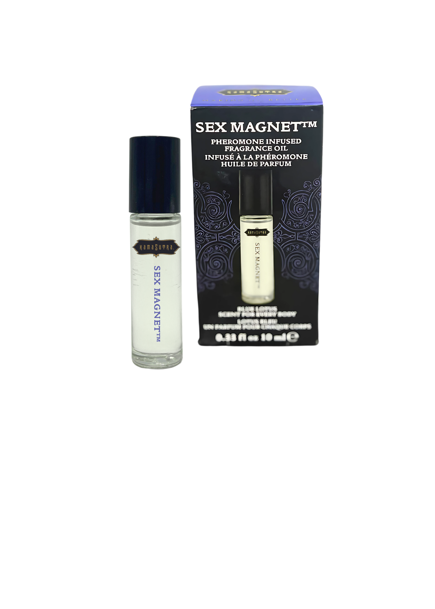 The product image shows a box and roll-on bottle of SEX MAGNET Blue Lotus Pheromone Roll-On Fragrance Oil. The packaging is primarily dark blue and light blue with text and branding.