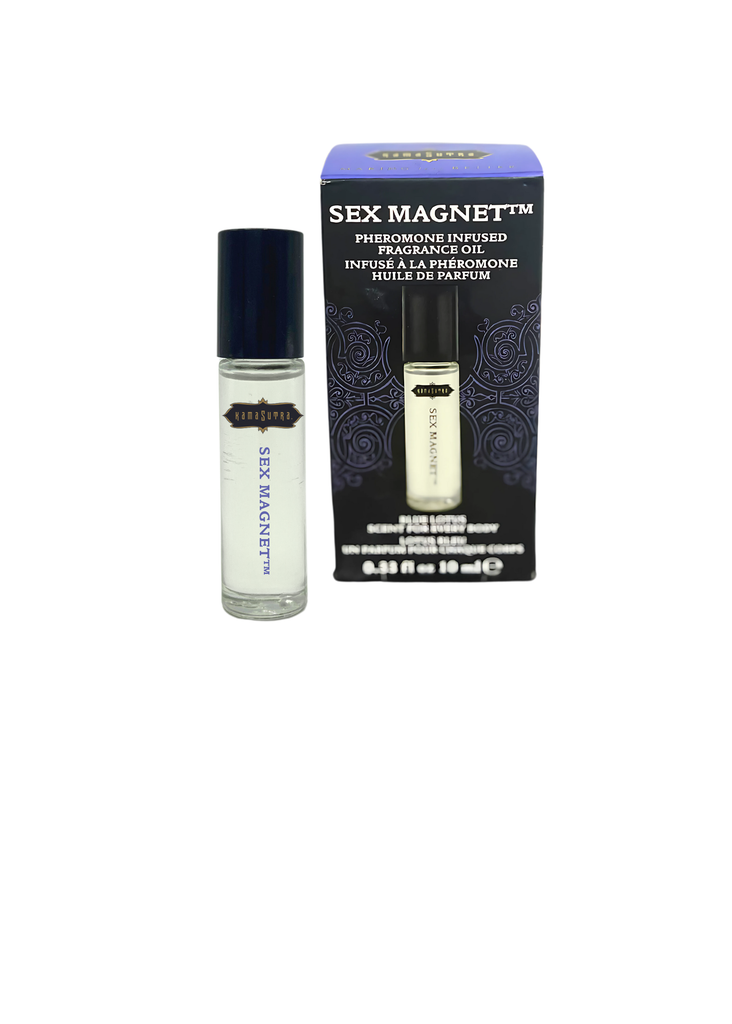 The product image shows a box and roll-on bottle of SEX MAGNET Blue Lotus Pheromone Roll-On Fragrance Oil. The packaging is primarily dark blue and light blue with text and branding.