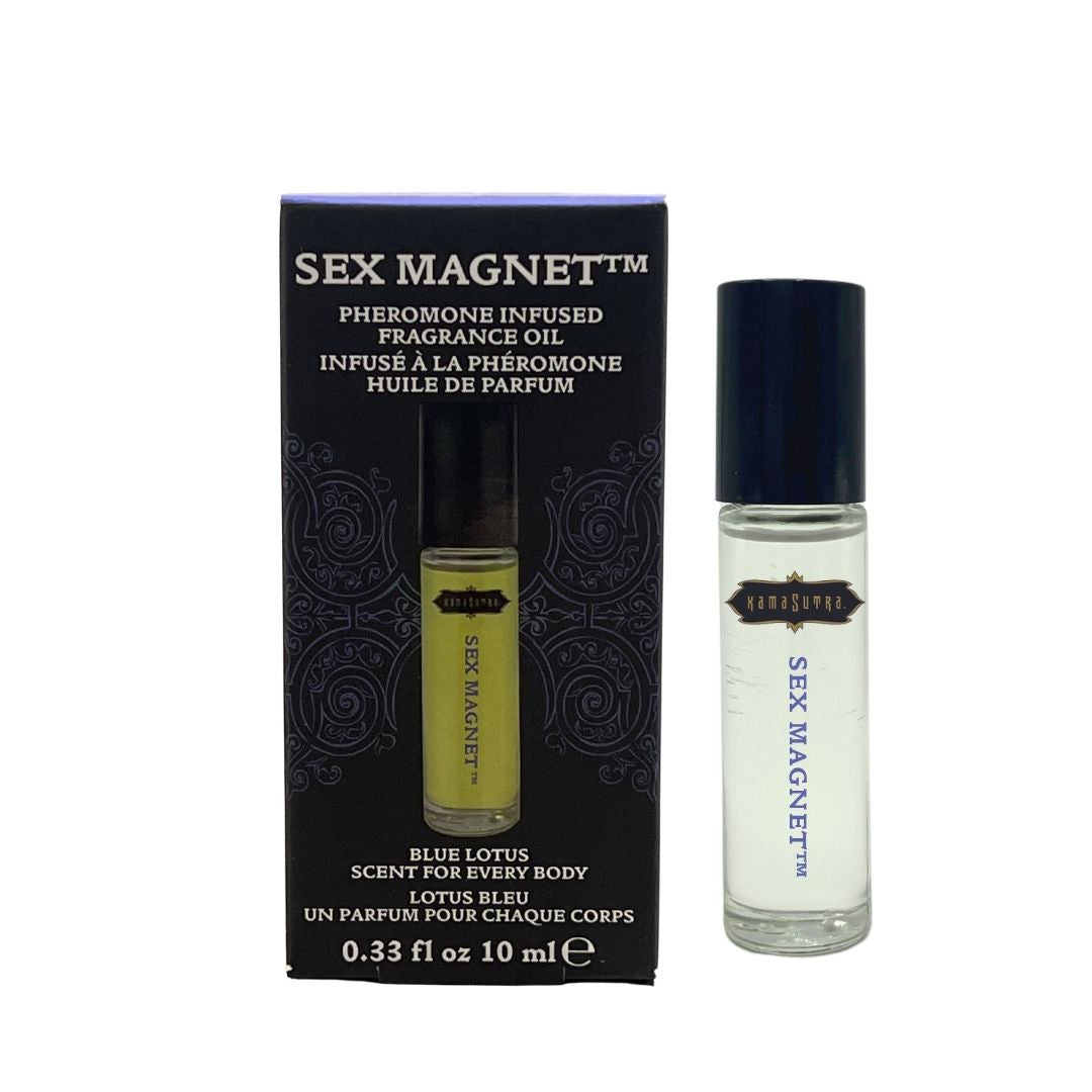 The product image shows a box and roll-on bottle of SEX MAGNET Blue Lotus Pheromone Roll-On Fragrance Oil. The packaging is primarily dark blue and light blue with text and branding.