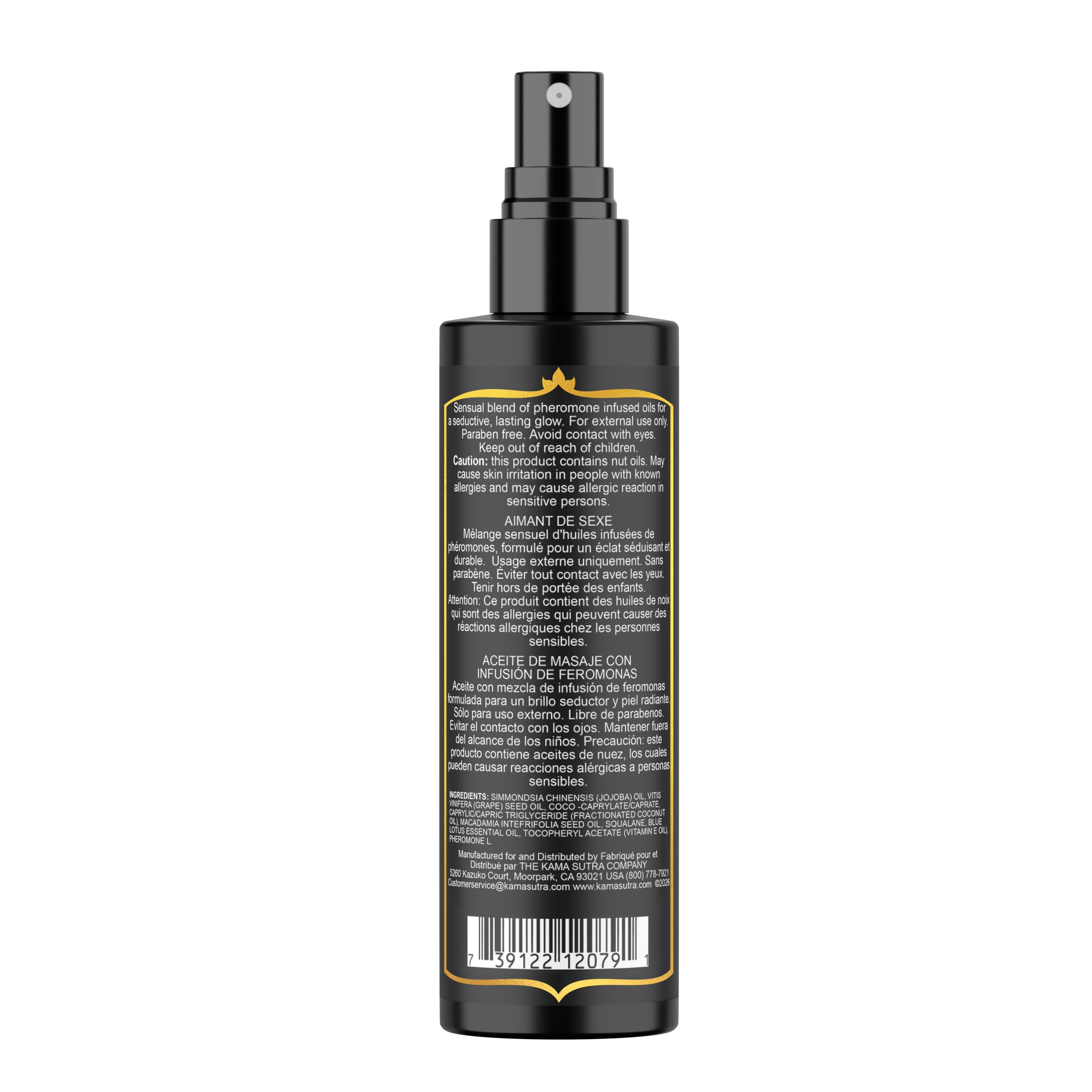 Black spray bottle with backside of label on a white background