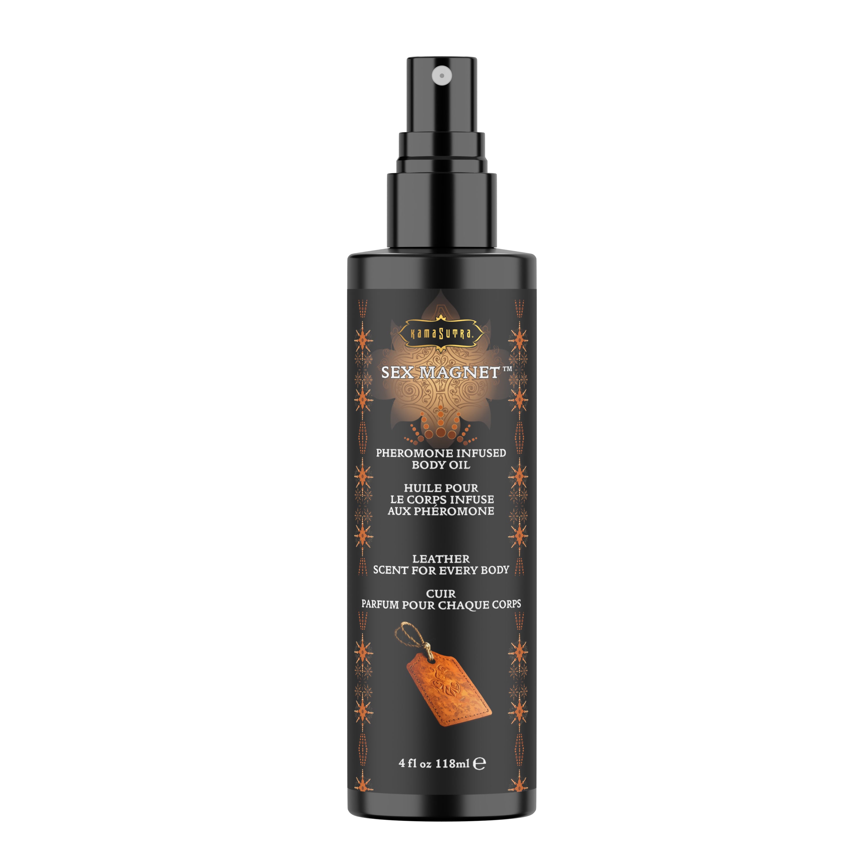 Black spray bottle labeled Kama Sutra Sex Magnet in Leather scent  on a white background