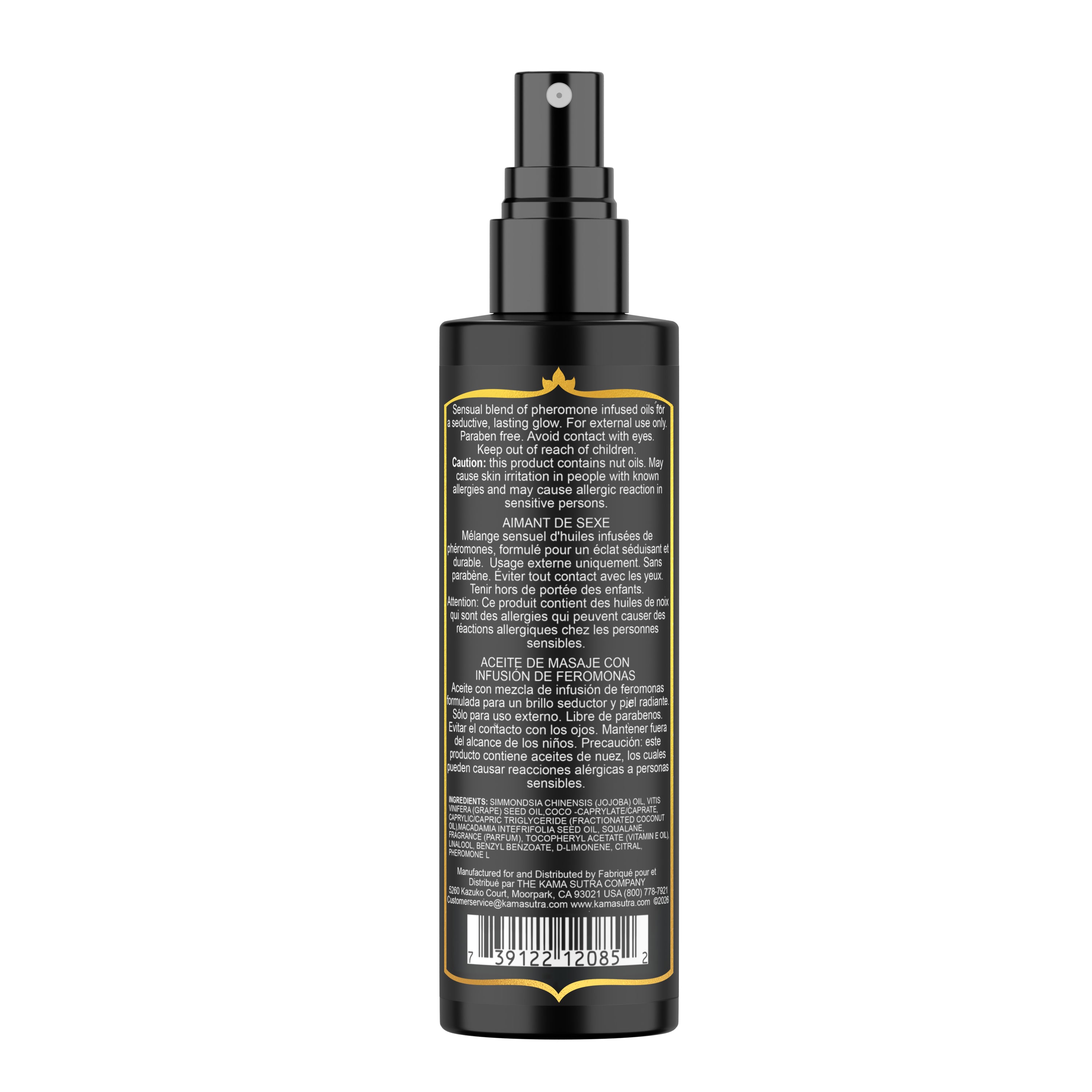 Black spray bottle with backside of label on a white background