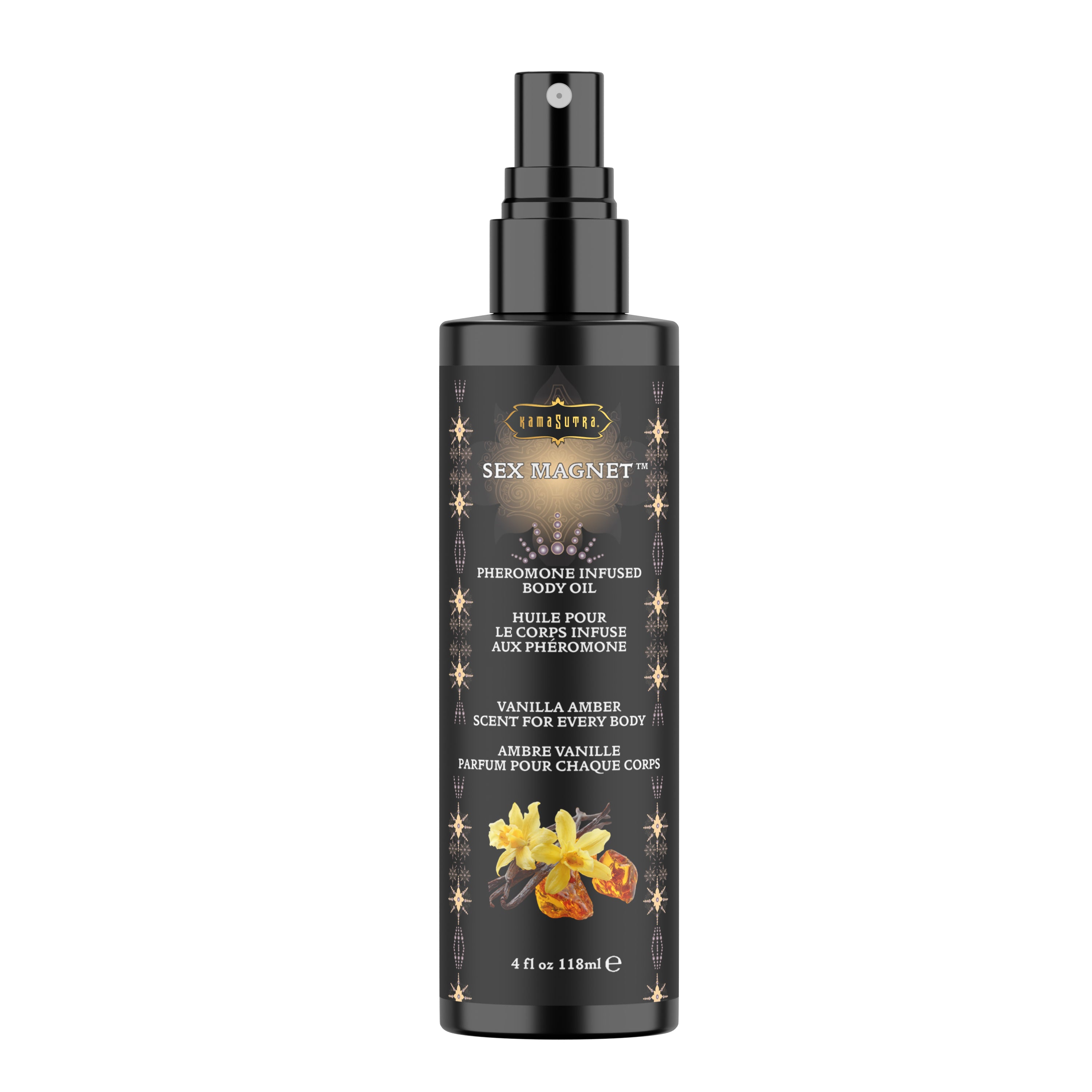 Black bottle of Kama Sutra Sex Magnet Pheromone infused body oil in Vanilla Amber scent on a white background