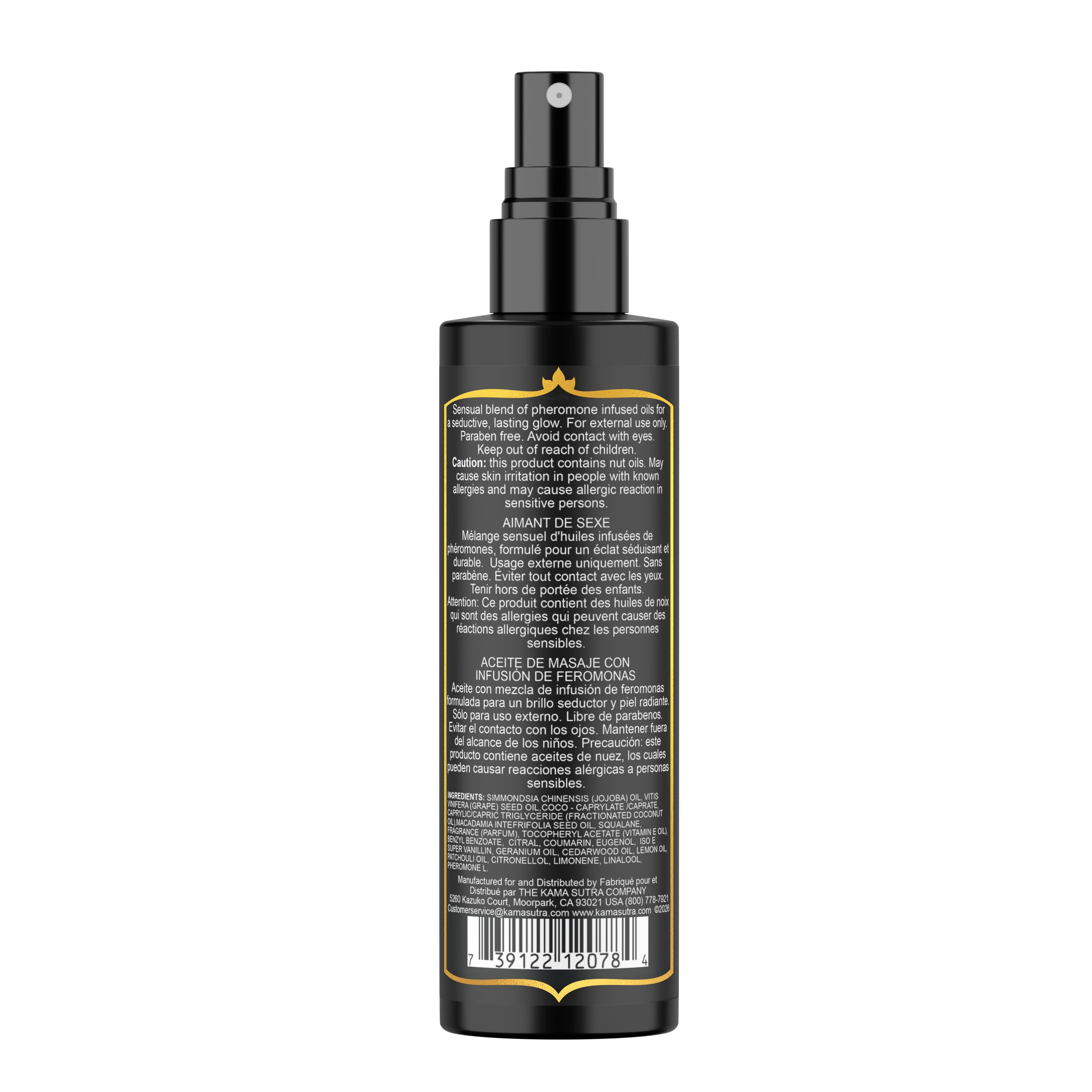 Black spray bottle with backside of  label on a white background