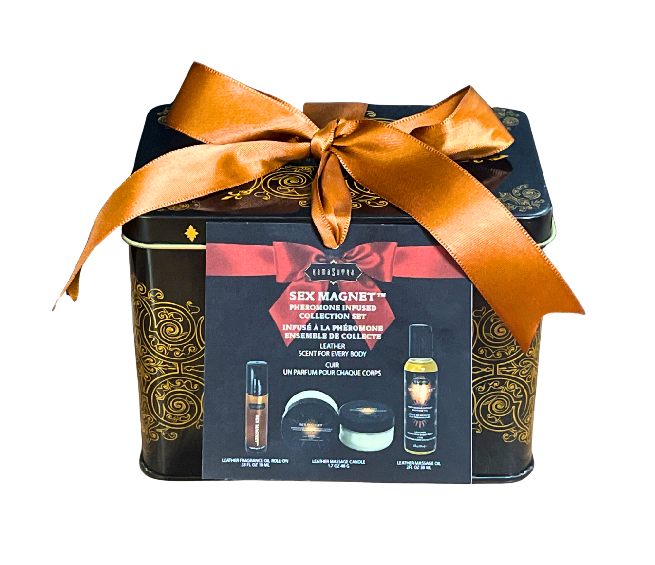 A product image featuring a black tin container tied with a copper ribbon. The tin includes a pheromone fragrance roll-on, massage oil, and a massage candle, all in eather scent.
