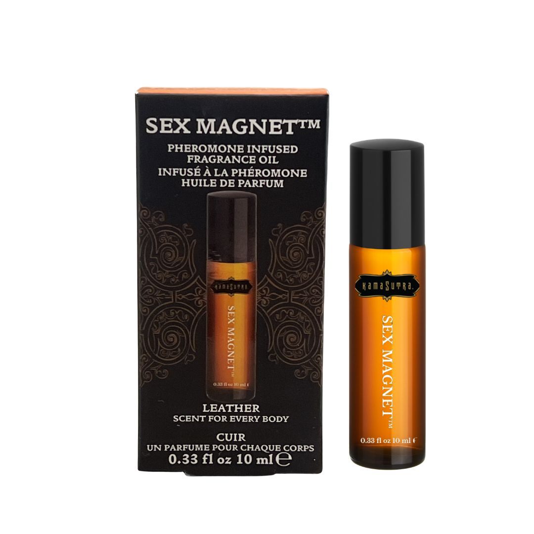 The product image shows a roll-on pheromone fragrance oil with a leather and cedar scent, packaged in a small bottle with a black cap, accompanied by a box with similar color scheme.