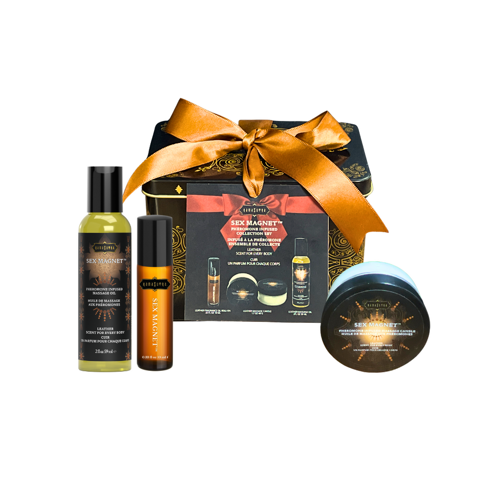 A product image featuring a black tin container tied with a copper ribbon. The tin includes a pheromone fragrance roll-on, massage oil, and a massage candle, all in eather scent.