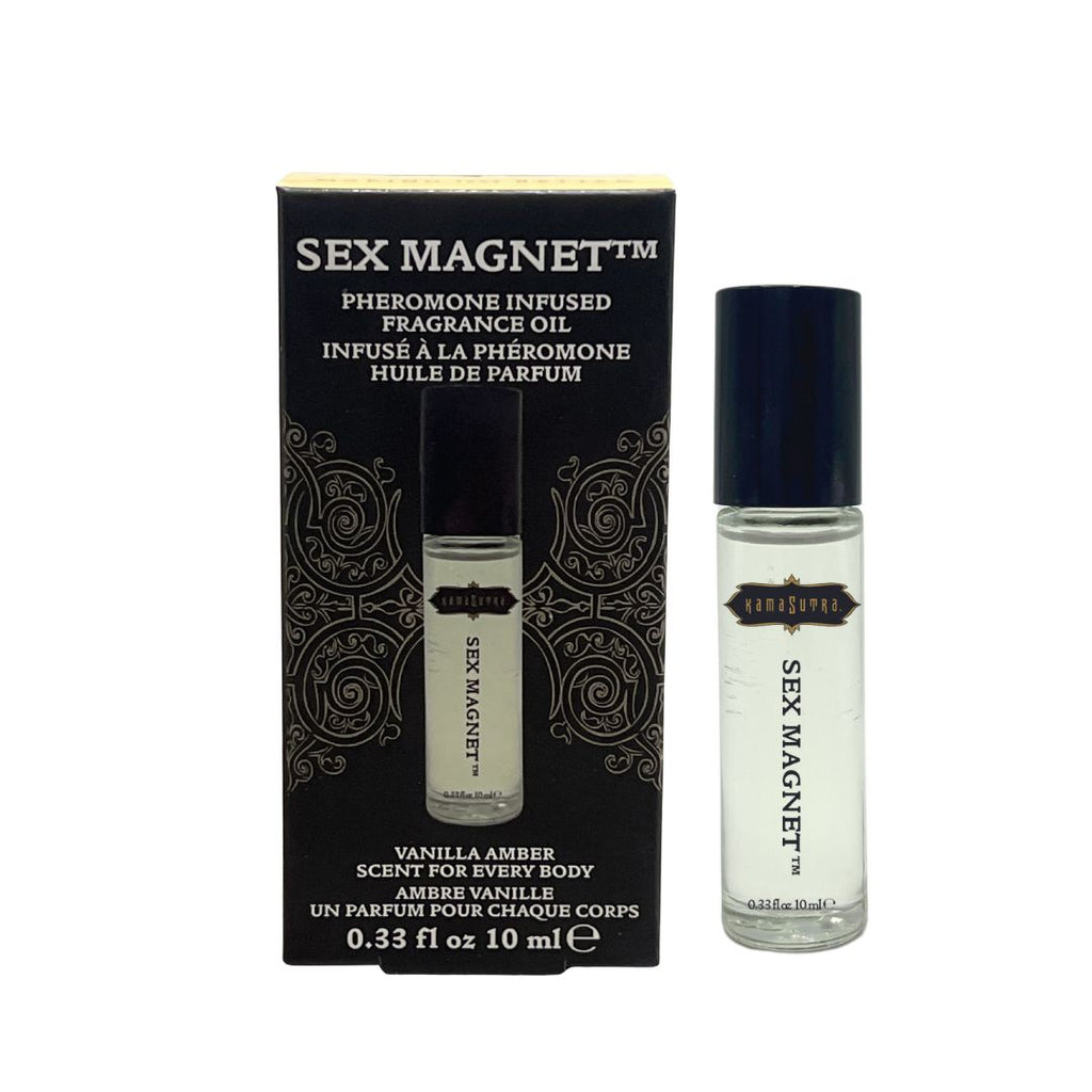 The product image shows a box and roll-on bottle of SEX MAGNET pheromone fragrance oil. The packaging is primarily black with gold and white text and accents.