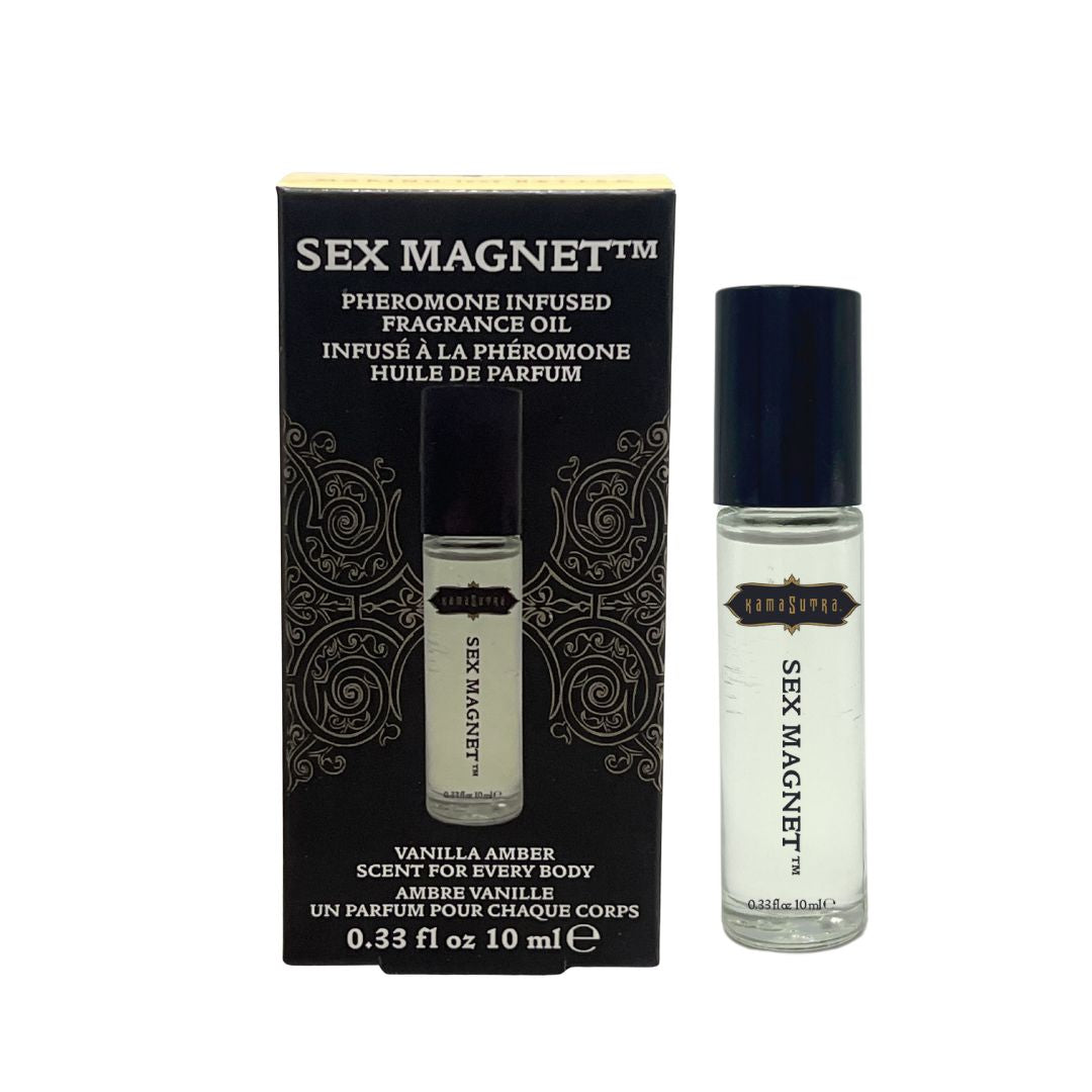 The product image shows a box and roll-on bottle of SEX MAGNET pheromone fragrance oil. The packaging is primarily black with gold and white text and accents.