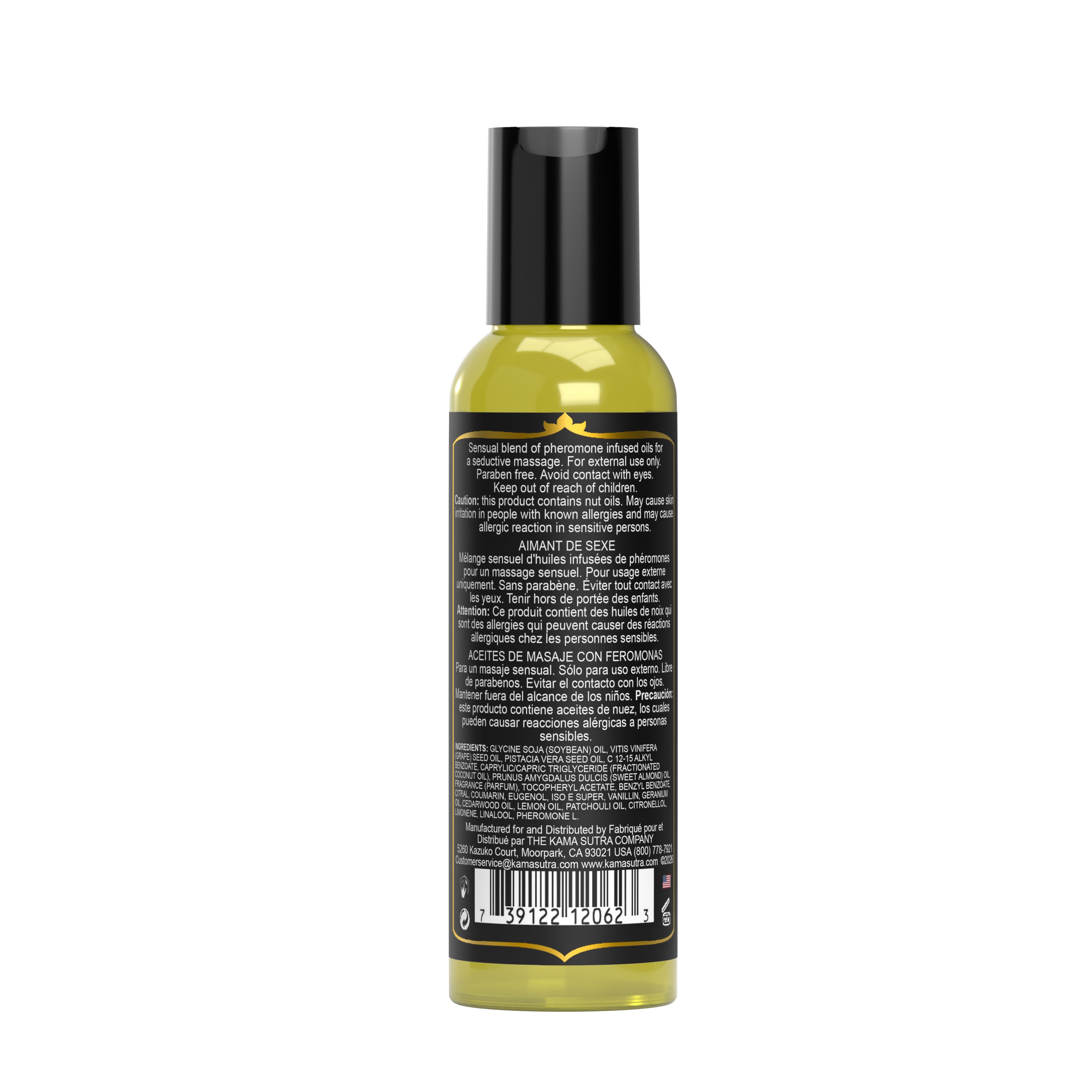 Bottle of massage oil with label on a white background