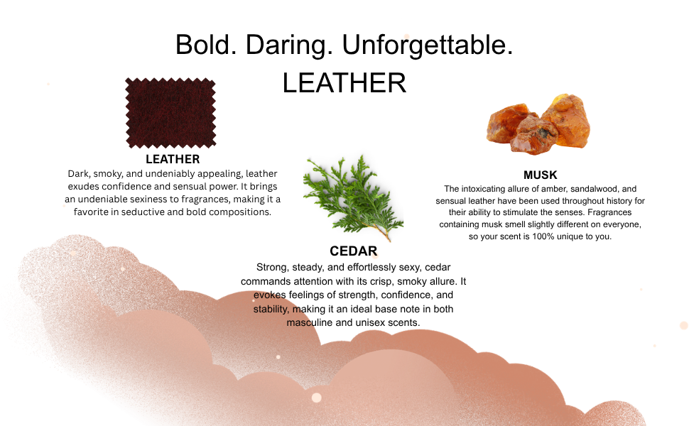 Advertisement for leather, musk, and cedar with product images and descriptive text.