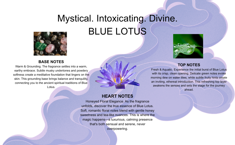 Blue lotus flower with fragrance notes description on a white background