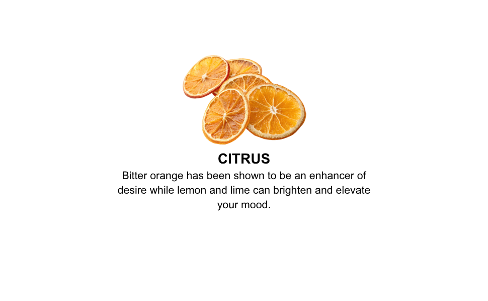 Sliced oranges on a white background with text about citrus fruits' effects.