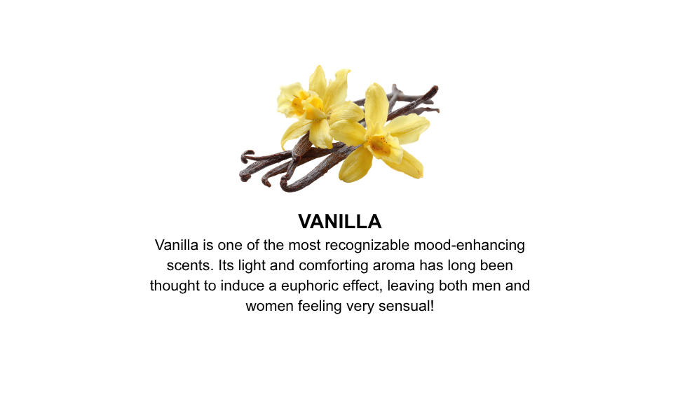 Vanilla flowers and vanilla beans with descriptive text on a white background