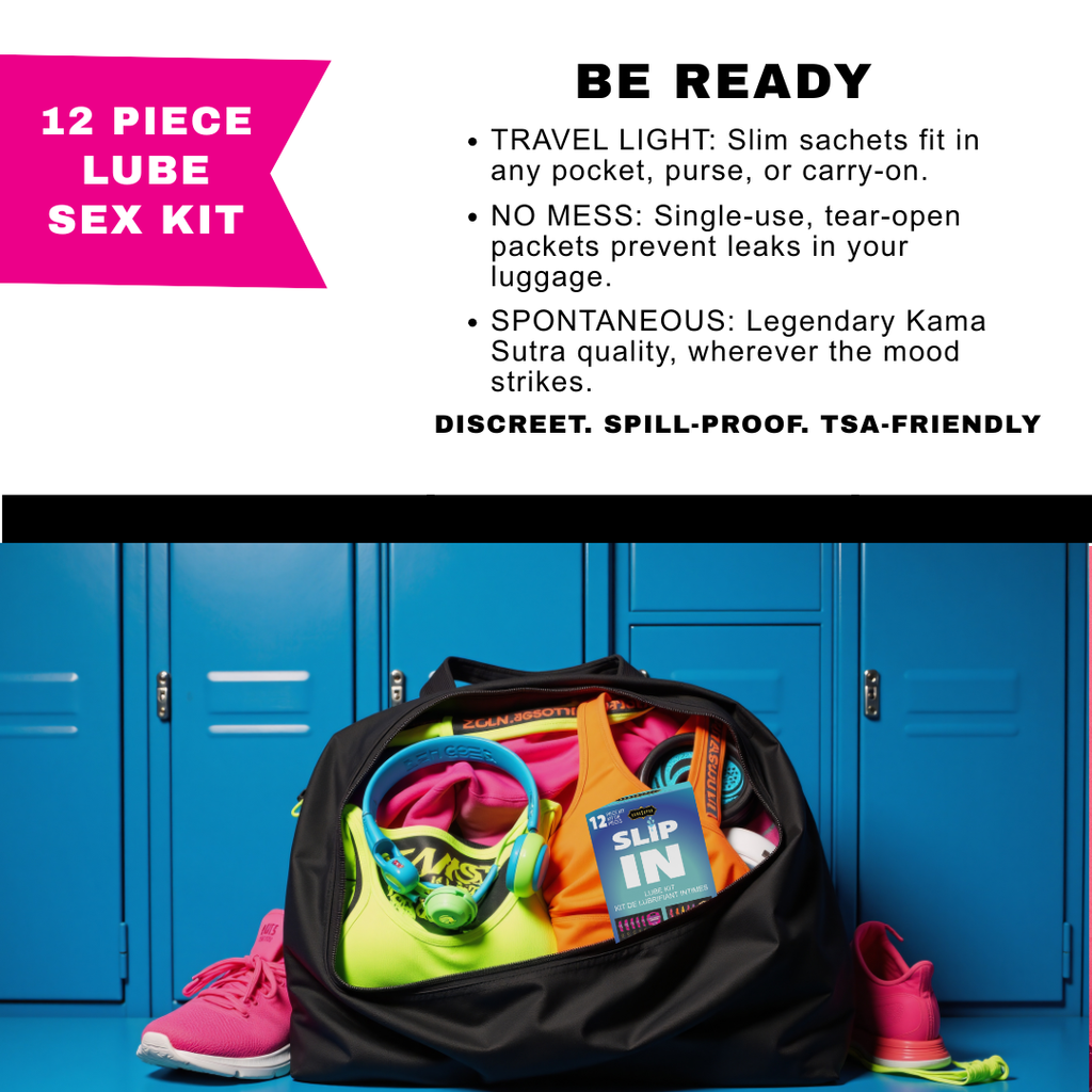 12-piece lube sex kit with promotional text and a bag of products in front of blue lockers.