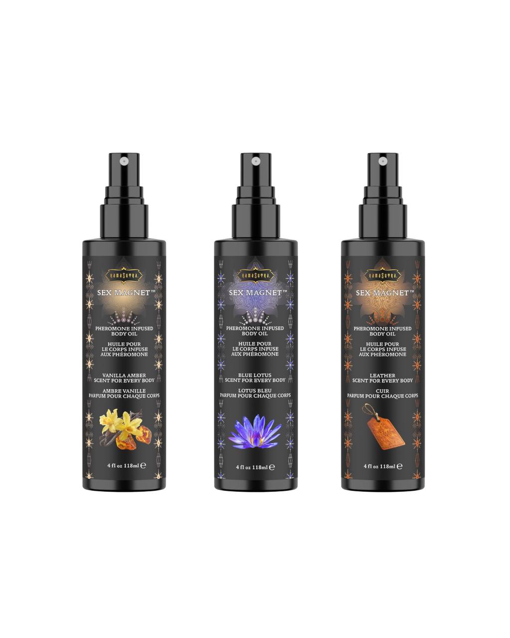 Three black spray bottles showing Kama Sutra SEX  MAGNET Pheromone Body Oils in Vanilla Amber, Blue Lotus, and Leather scent on a white background