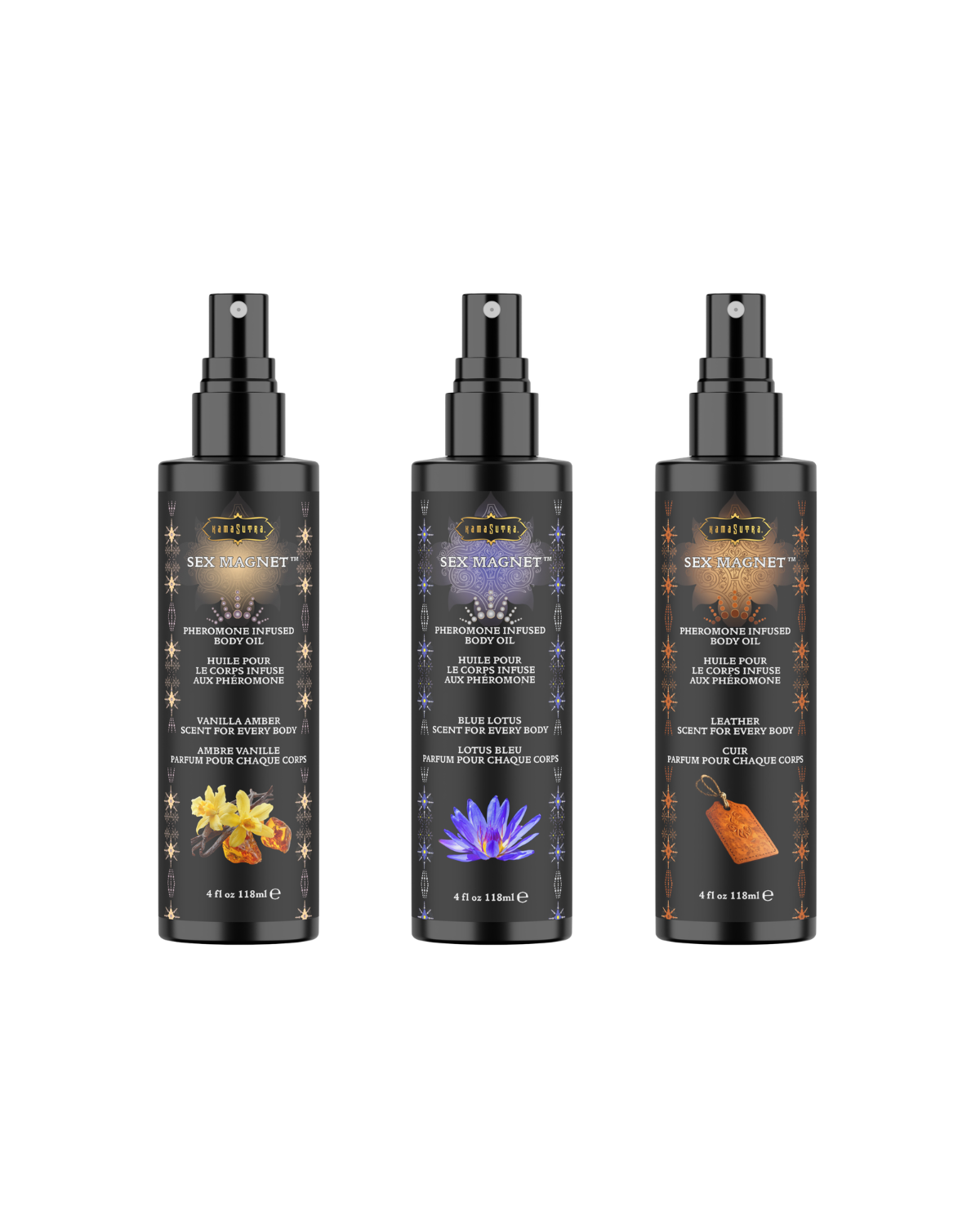 Three black spray bottles showing Kama Sutra SEX  MAGNET Pheromone Body Oils in Vanilla Amber, Blue Lotus, and Leather scent on a white background