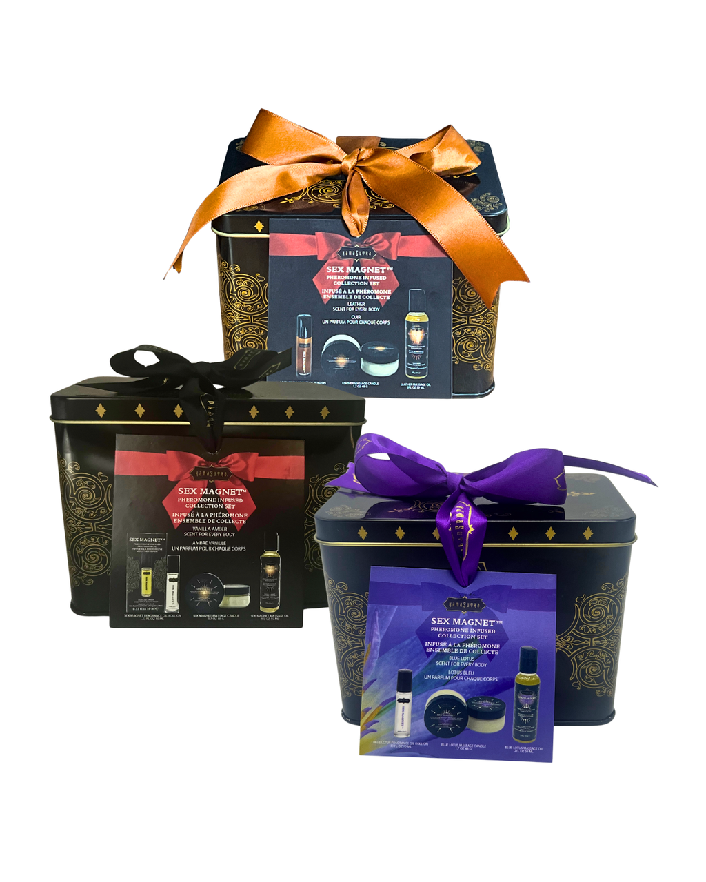 Three gift boxes with sex magnet pheromone products and ribbons on a white background
