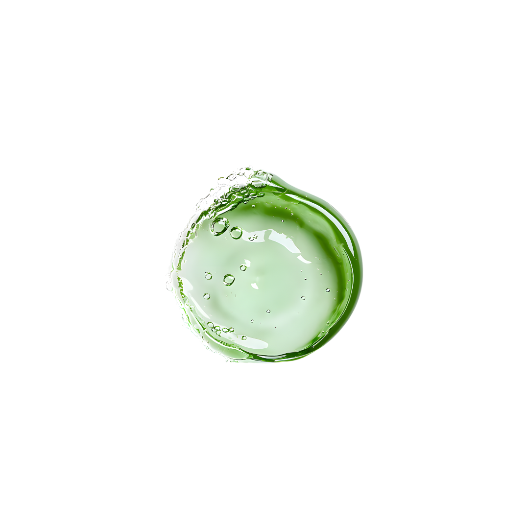 Close-up of a green liquid droplet on a white background