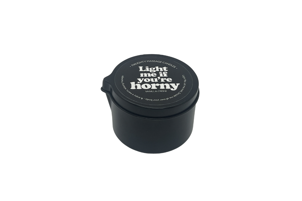 Black container with a humorous label on a white background