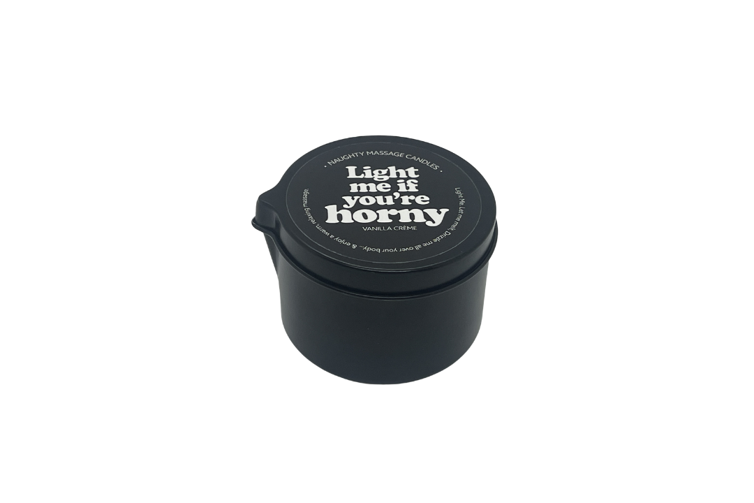 Black container with a humorous label on a white background