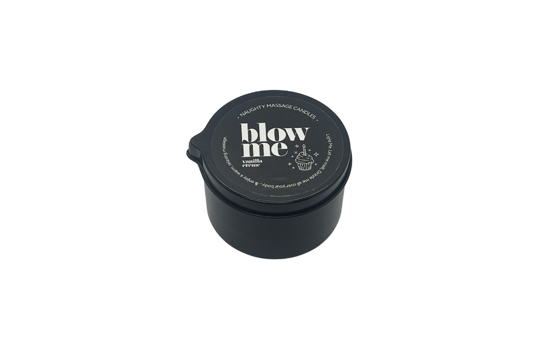 Black container with 'blow me' text on a white background
