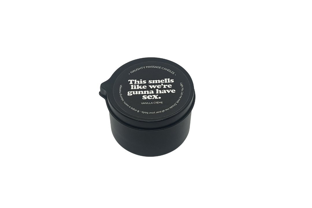 Black container with a humorous label on a white background