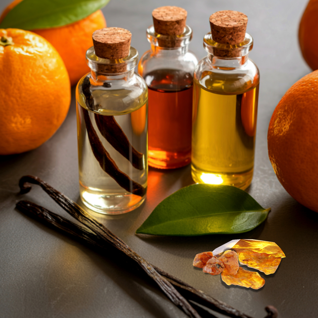 Three small glass bottles with cork stoppers containing different colored liquids, surrounded by oranges, vanilla beans, and a leaf on a reflective surface.