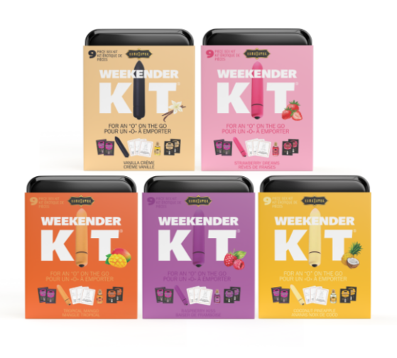 The image displays five Vibe Weekender Kits in individual packaging, each with a different flavor. The packaging is colorful and prominently features the product name, description, and included items.