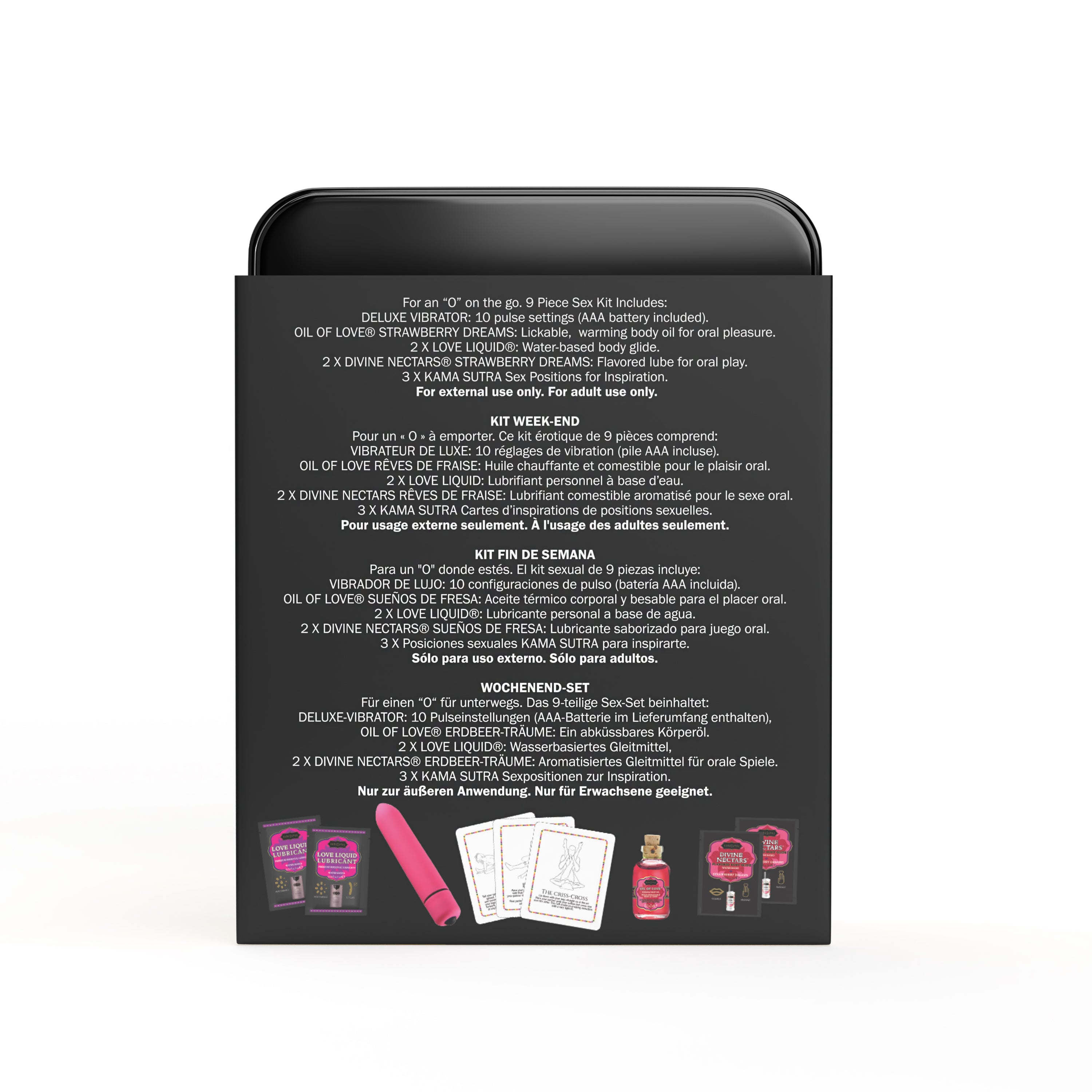 The image displays the backside packaging of the "Vibe Weekender Kit," which is presented as a compact, travel-friendly set designed for intimate pleasure on-the-go. 