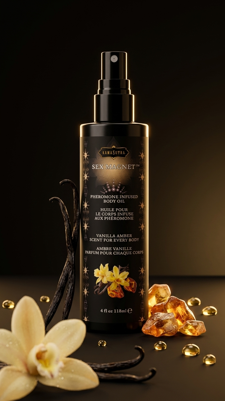 Vanilla Amber body oil with vanilla and amber graphics