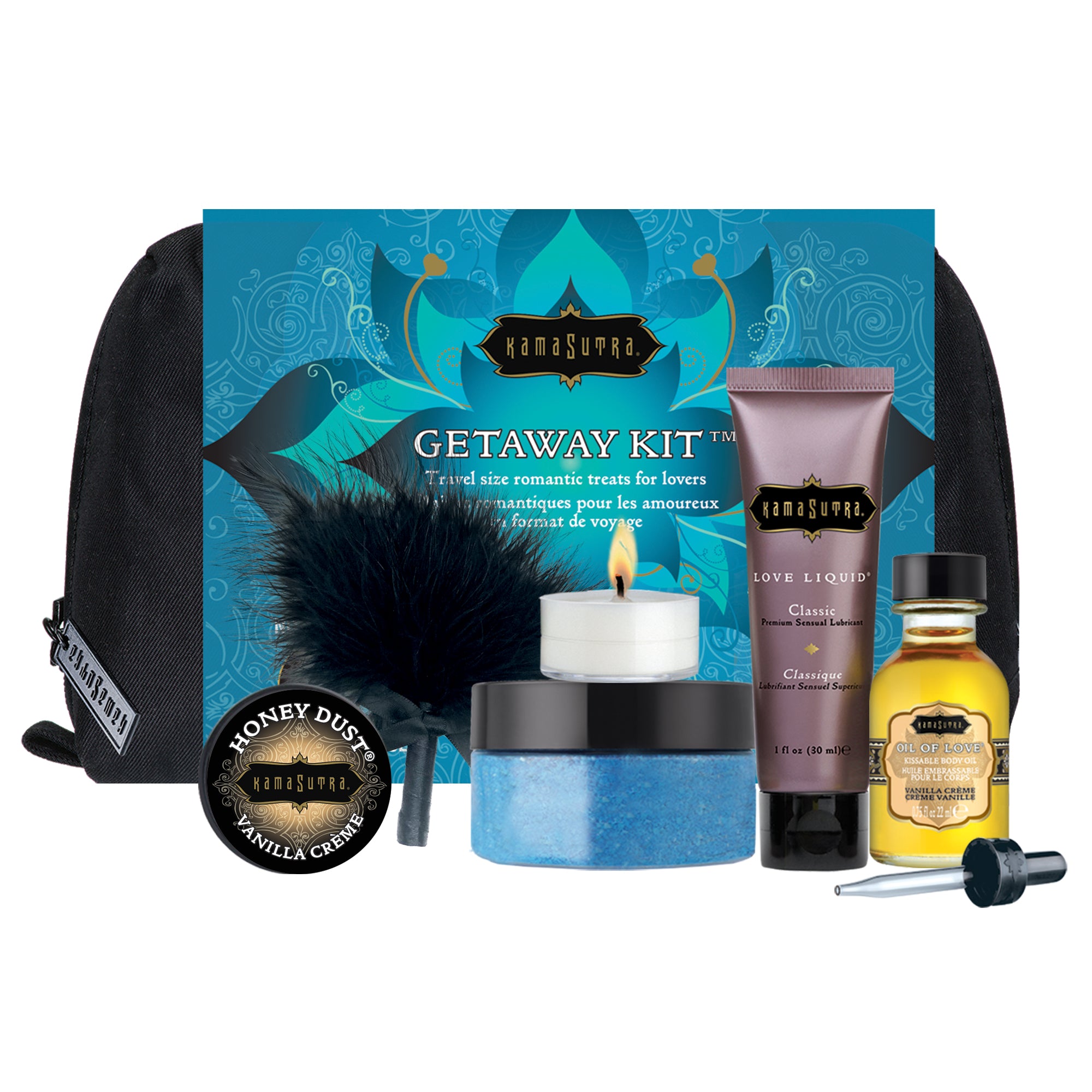 The image displays the Kama Sutra Getaway Kit, a travel-sized collection of sensual products for lovers. The kit includes a variety of items such as a vanilla crème body oil, kissable body powder with a feather tickler, treasures of the sea bath salts, a personal water-based lubricant, and a tea light candle, all packaged neatly in a zippered, keepsake toiletry bag.