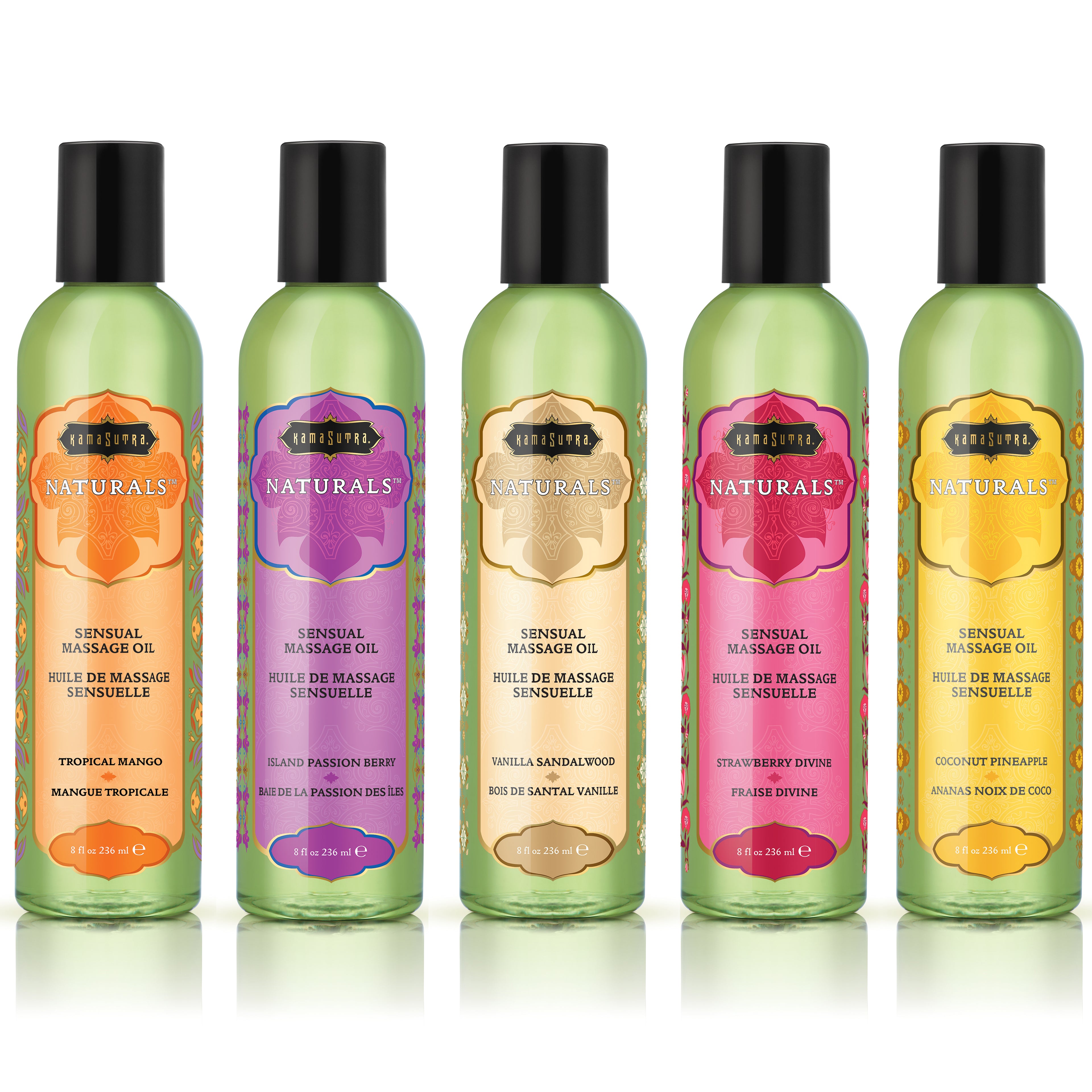 A group of 5 Naturals Massage Oils (8oz) in Tropical Mango, Strawberry Dreams, Vanilla Sandalwood, Island Passion Berry, and Coconut Pineapple scent-eachi in a green bootle with black cap. The Kama Sutra Company