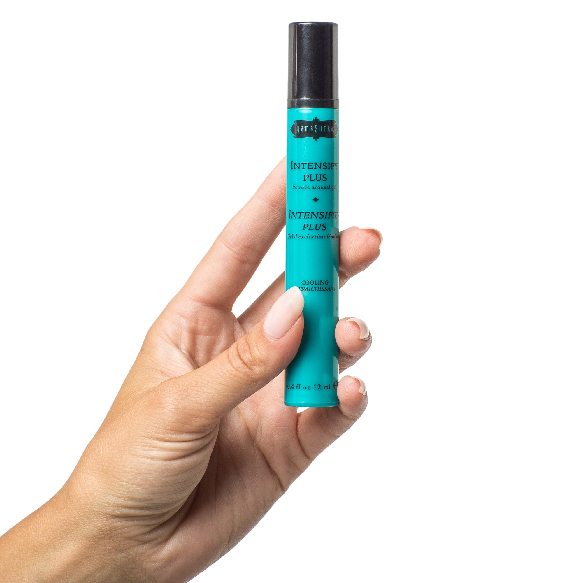 A photo showing a models hand holding a blue tube with a black cap labeled Intensify Plus Female Arousal Gel - The Kama Sutra Company