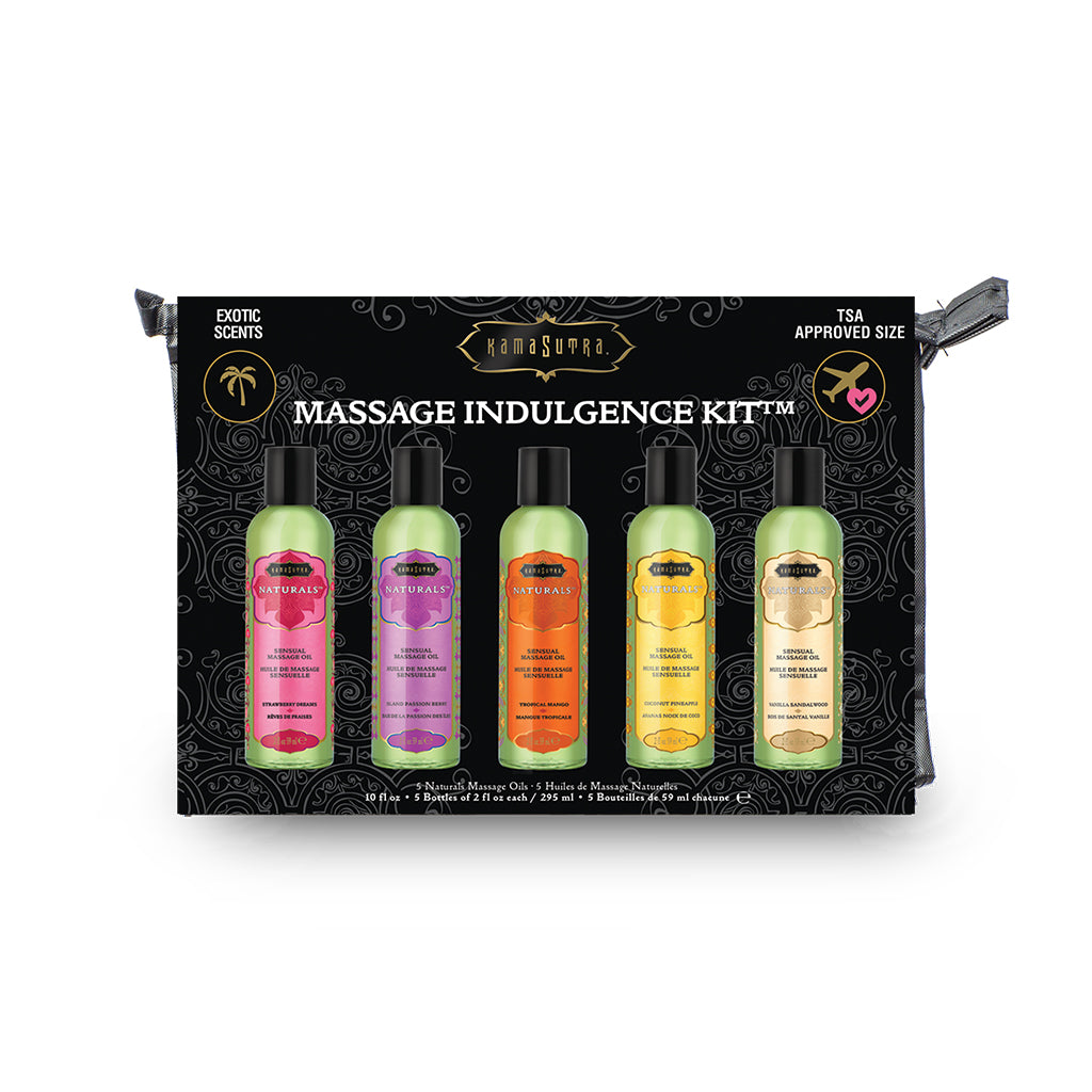 Massage Indulgence Kit packaging showing an imge of the 5 massage oils contained in the kit - The Kama Sutra Company