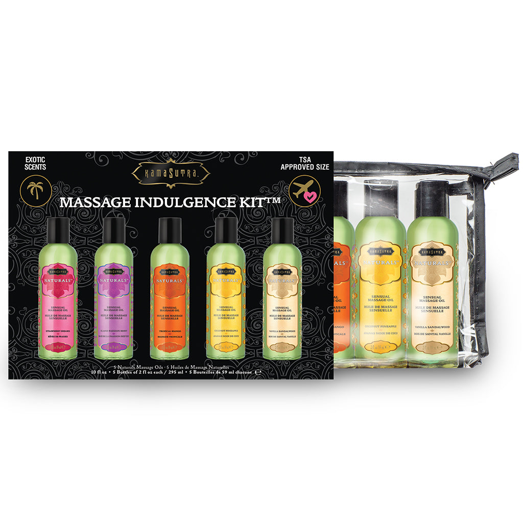 Massage Indulgence Kit  packaging with clear zipper bag showing oils contained in the kit- The Kama Sutra Company