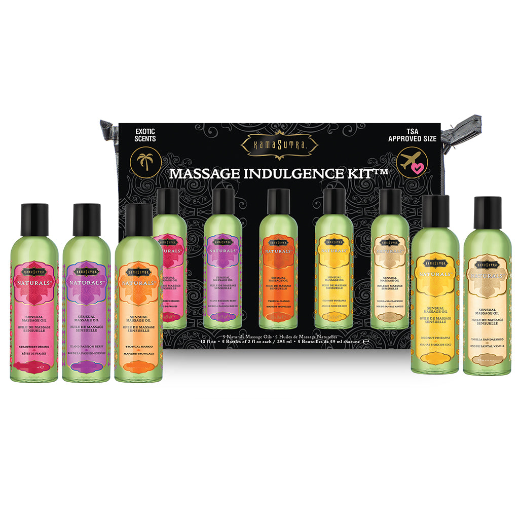Massage Indulgence Kit with 5 bottles of massage oil in assorted scents- The Kama Sutra Company
