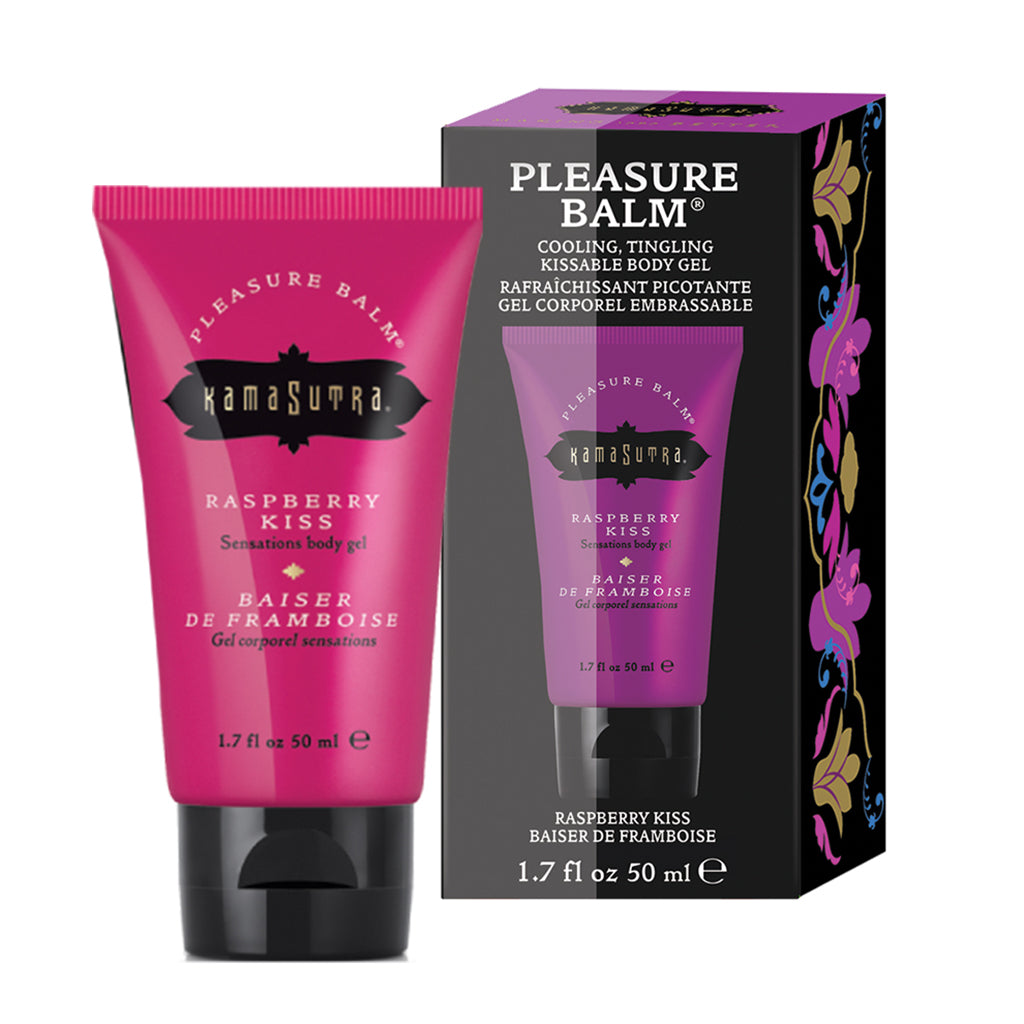 A photo of Pleasure Balm Sensations in Raspbery kiss flavor with a purple tube and  box with product image - The Kama Sutra Company