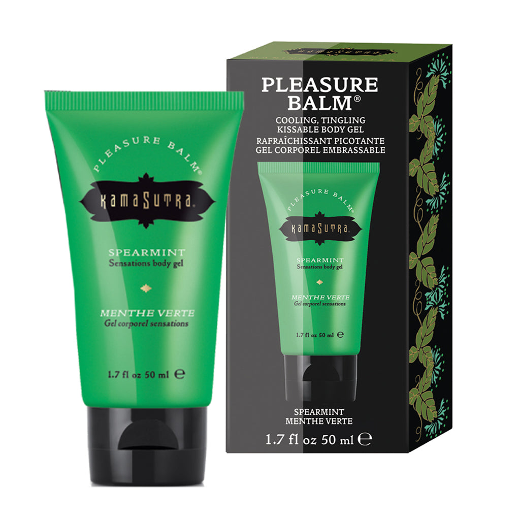 A photo of Pleasure Balm Sensations in spearmint flavor with a green tube and  box with product image - The Kama Sutra Company