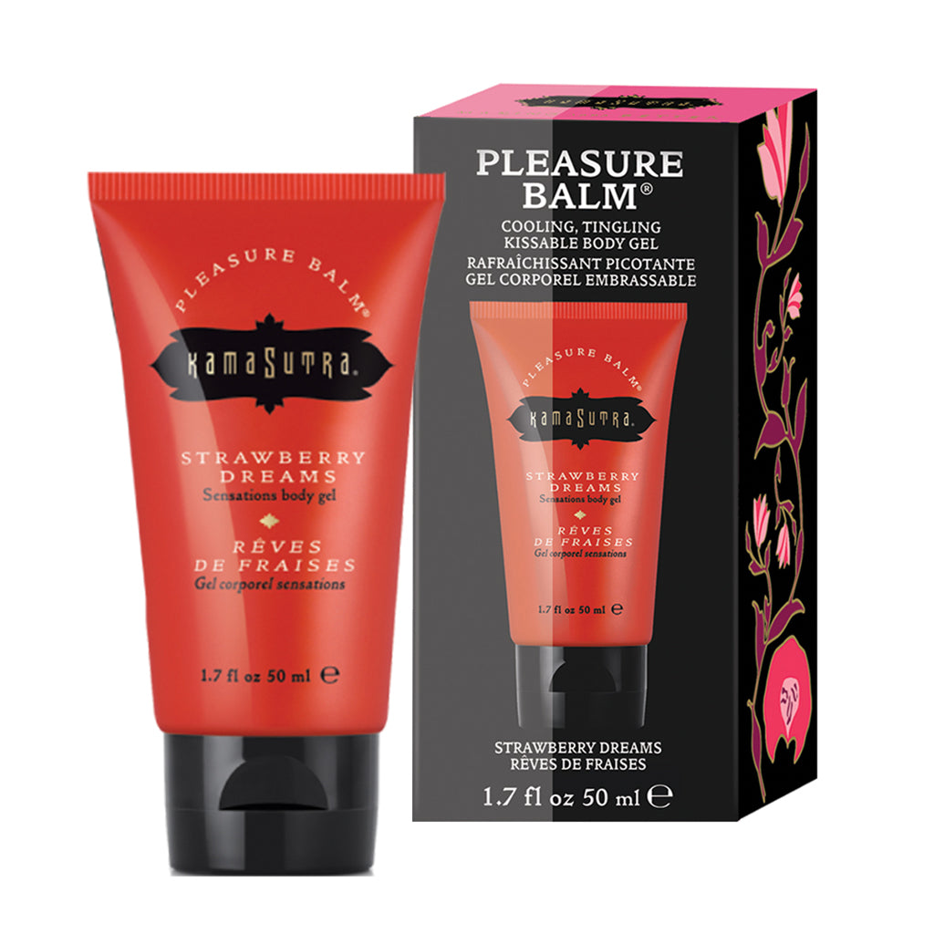 A photo of Pleasure Balm Sensations in strawberry dreams flavor with a red tube and  box with product image - The Kama Sutra Company