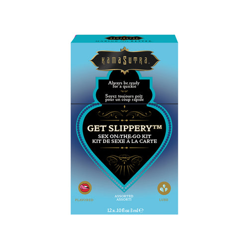 The image displays a box of Kama Sutra GET SLIPPERY Sex-To-Go Kit, containing 12 single-use packets of assorted water-based lube in flavors such as coconut pineapple, strawberry dreams, and vanilla cream.