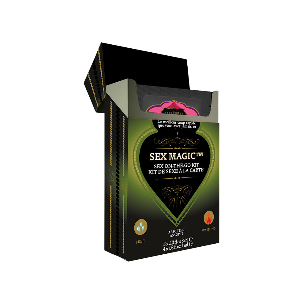 A photo of SEX MAGIC sex on the go kit opened to show packtes.