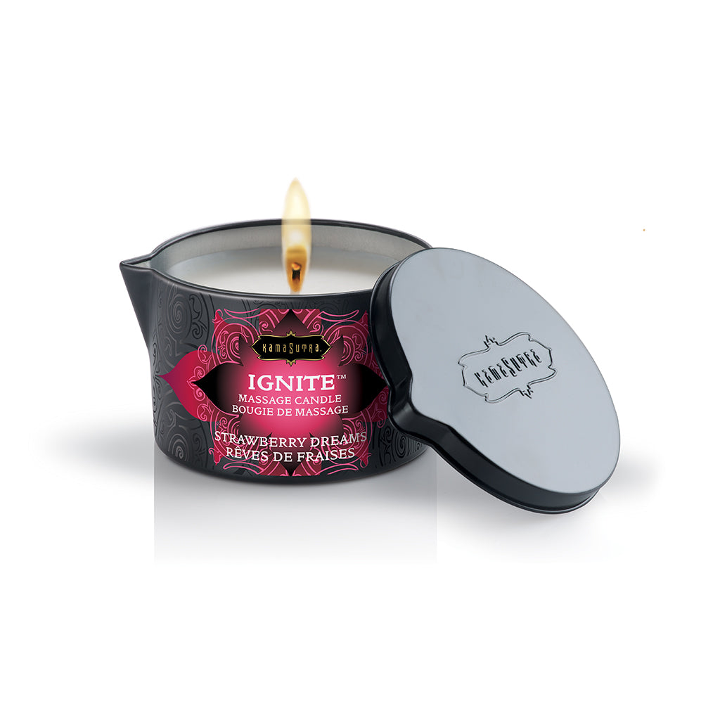 Ignite Massage Oil Candle strawberry dreams lit with lid off- The Kama Sutra Company